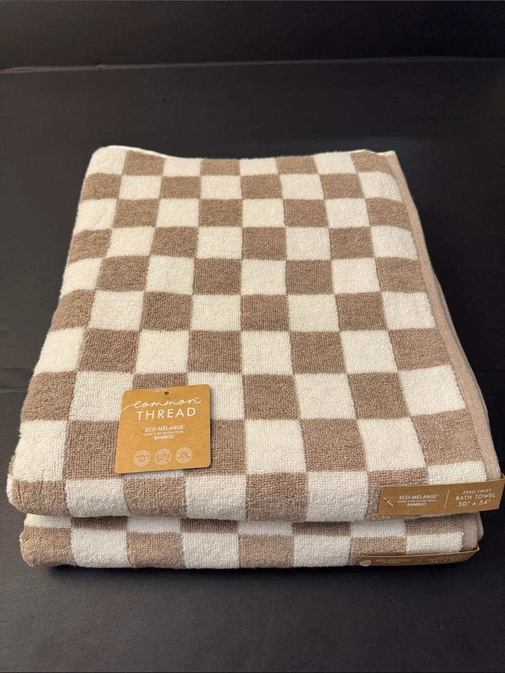 2pc COMMON THREAD Eco-Melange Bamboo Checkered Bath Towel Set - Tan/White
